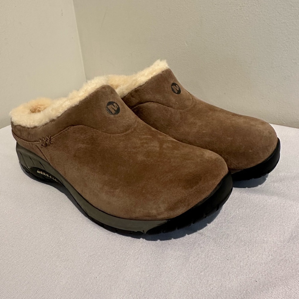 Merrell Encore Clog Mules Womens Size 8.5 Brown Suede Fur Lined Slip On Shoes - Picture 2 of 8